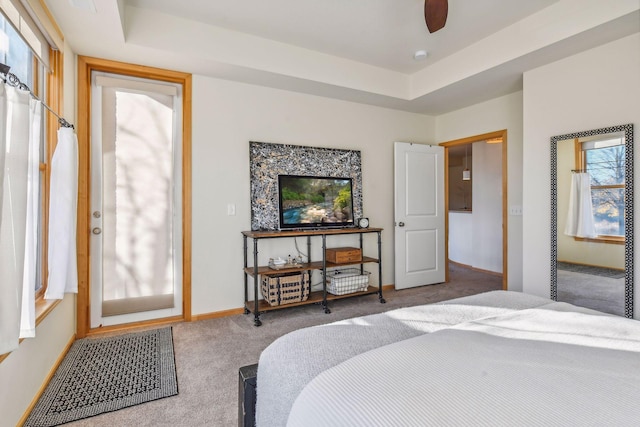 carpeted bedroom featuring ceiling fan, multiple windows, and a raised ceiling