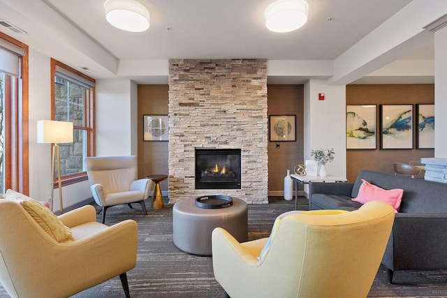 living room with a fireplace