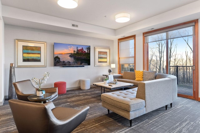 living room featuring dark wood-type flooring