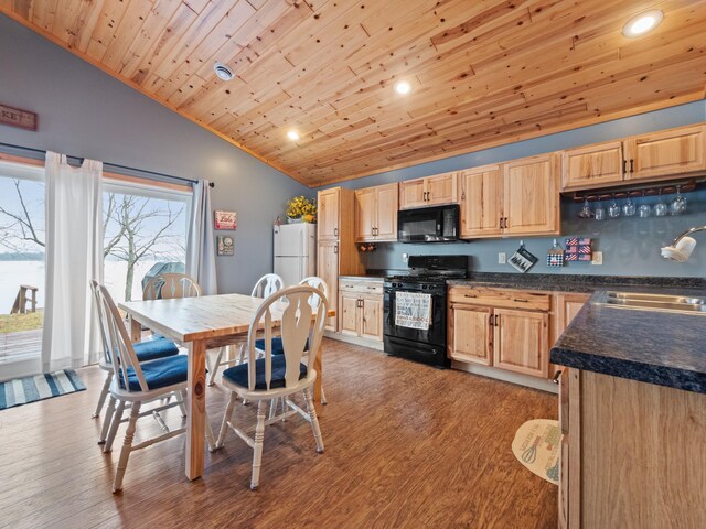 kitchen with wooden ceiling, light hardwood / wood-style floors, sink, black appliances, and vaulted ceiling