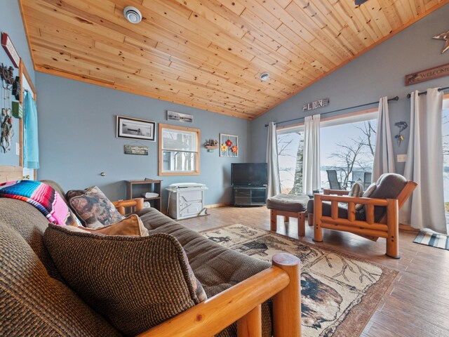 living room featuring vaulted ceiling, wooden ceiling, and light hardwood / wood-style flooring