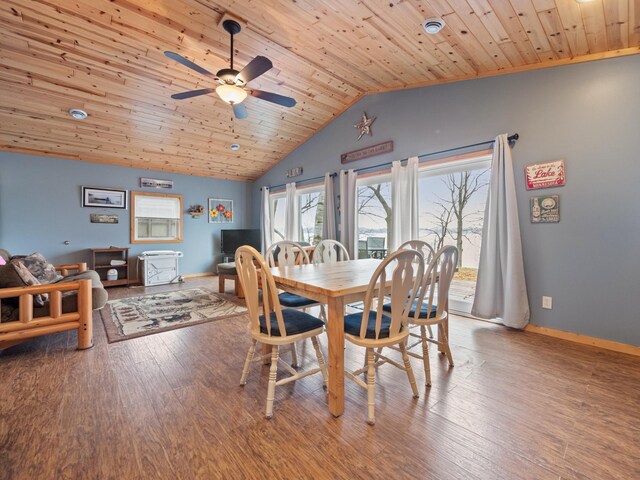 dining area featuring ceiling fan, wood-type flooring, wood ceiling, and vaulted ceiling