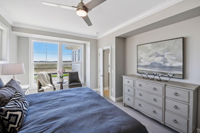 9155 Mills Dr, Chanhassen, MN 55317 - bedroom featuring baseboards, light carpet, ornamental molding, and ceiling fan