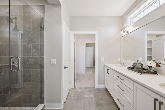 9155 Mills Dr, Chanhassen, MN 55317 - full bath with double vanity, baseboards, a shower stall, and a sink