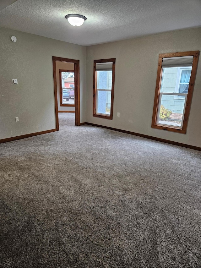 unfurnished room with carpet flooring and a textured ceiling