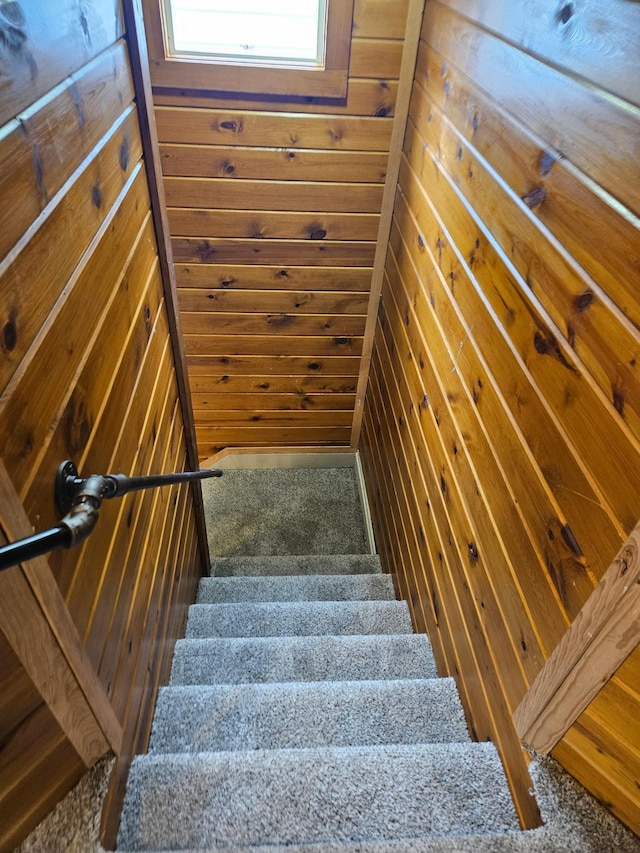 stairway with carpet and wood walls