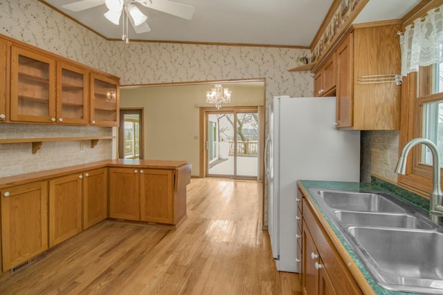 kitchen featuring sink, light hardwood / wood-style flooring, ceiling fan, white refrigerator, and ornamental molding