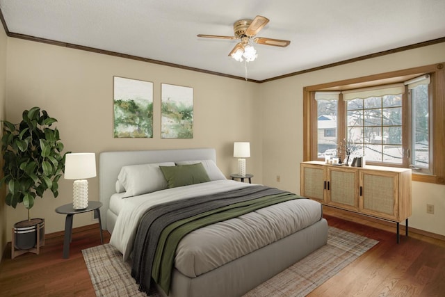 bedroom featuring ornamental molding, dark hardwood / wood-style floors, and ceiling fan