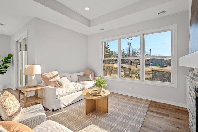 living room featuring a fireplace and light hardwood / wood-style floors