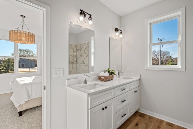 bathroom with vanity, wood-type flooring, and a healthy amount of sunlight