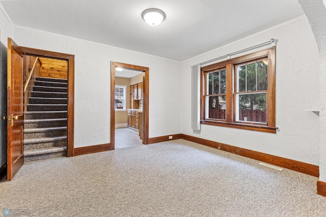 carpeted empty room featuring ornamental molding