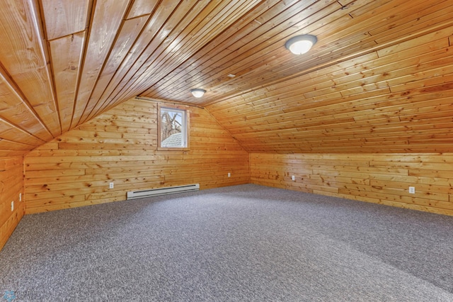 additional living space with lofted ceiling, wood walls, wooden ceiling, and baseboard heating