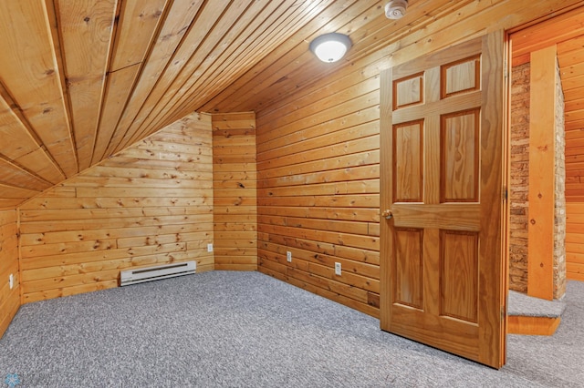 additional living space featuring carpet flooring, wooden walls, wood ceiling, and vaulted ceiling