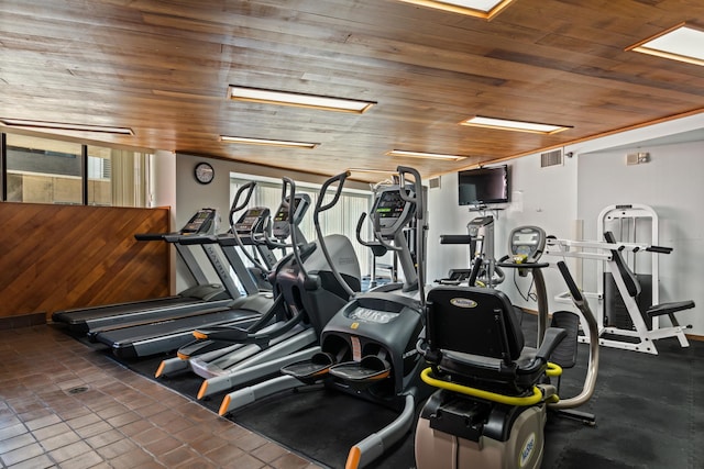 workout area featuring wooden ceiling