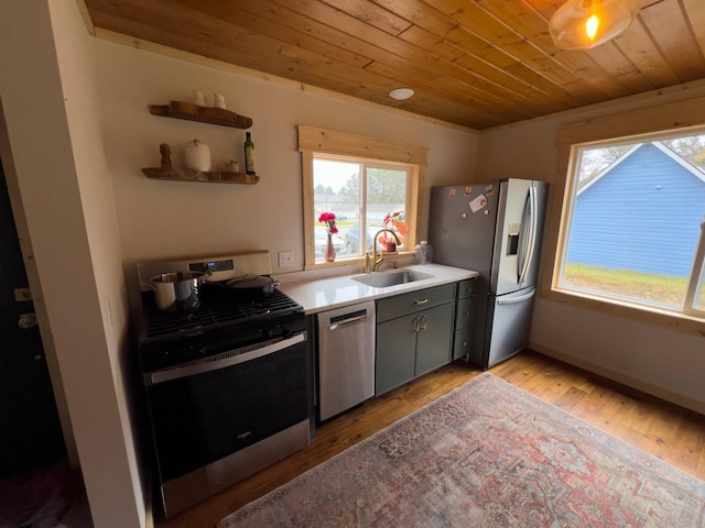 kitchen with appliances with stainless steel finishes, sink, light wood-type flooring, wood ceiling, and gray cabinets