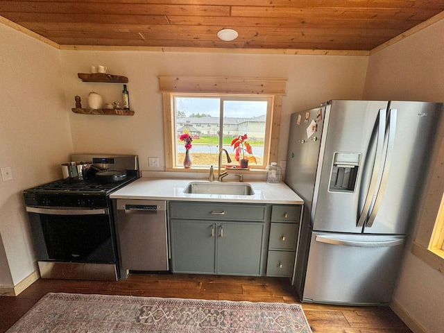 kitchen with wood ceiling, appliances with stainless steel finishes, sink, and light hardwood / wood-style floors