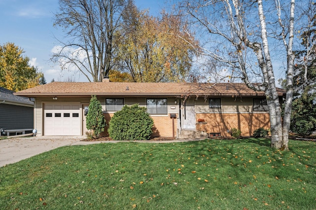 ranch-style home featuring a garage and a front lawn