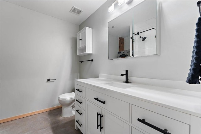 bathroom with walk in shower, vanity, toilet, and concrete flooring