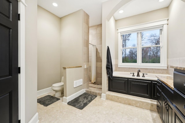 bathroom with tile patterned floors, toilet, and plus walk in shower