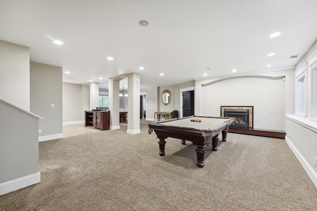 game room with pool table and light colored carpet