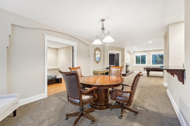 dining room with carpet and billiards