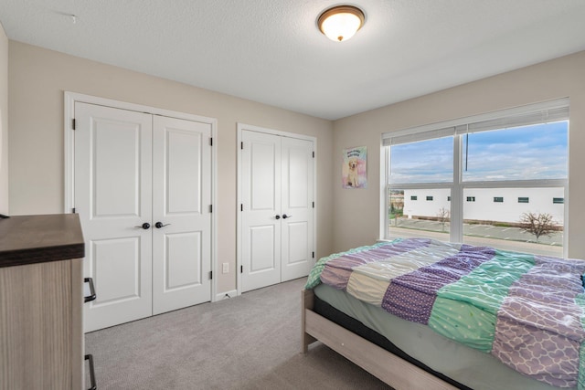 bedroom with carpet and multiple closets