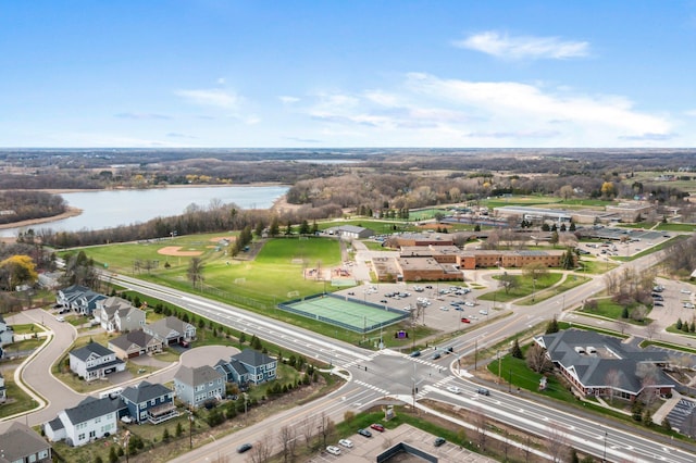 aerial view featuring a water view