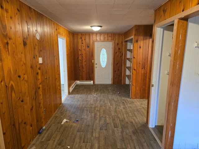 doorway to outside featuring wood walls and dark hardwood / wood-style floors