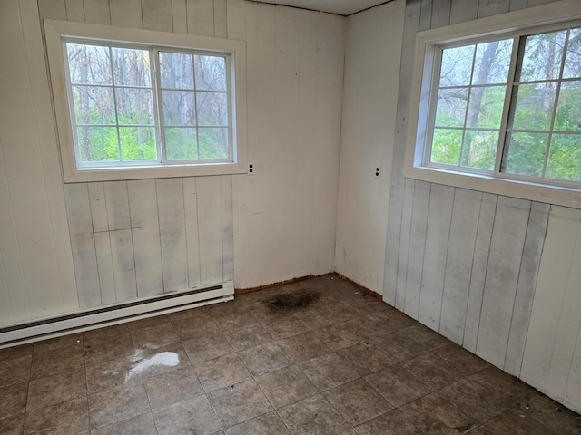 empty room featuring a wealth of natural light, wooden walls, and a baseboard radiator