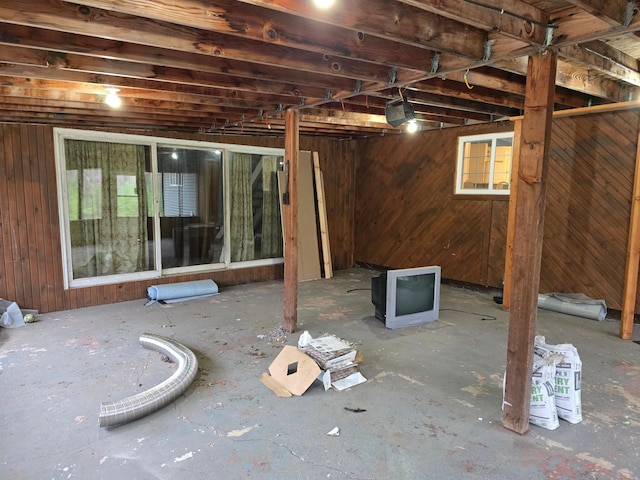 basement featuring wooden walls