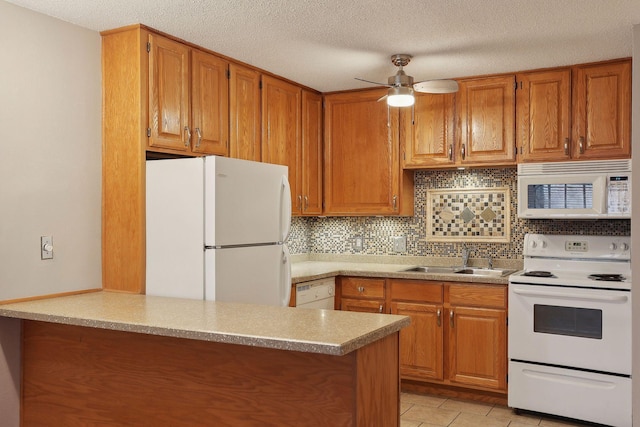 kitchen with white appliances, sink, backsplash, kitchen peninsula, and ceiling fan