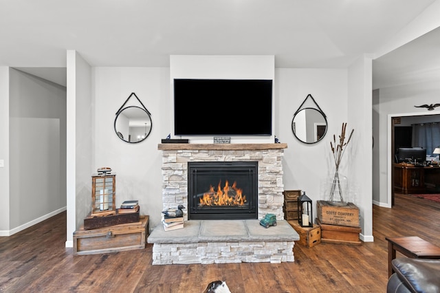 living room with a stone fireplace and wood-type flooring