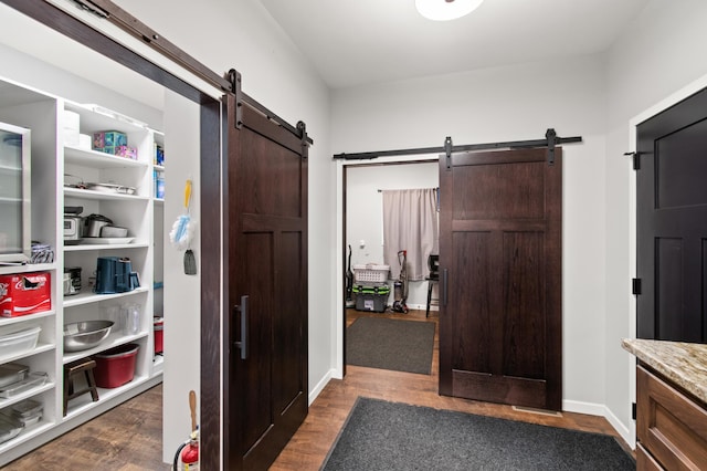 hall featuring a barn door and dark wood-type flooring