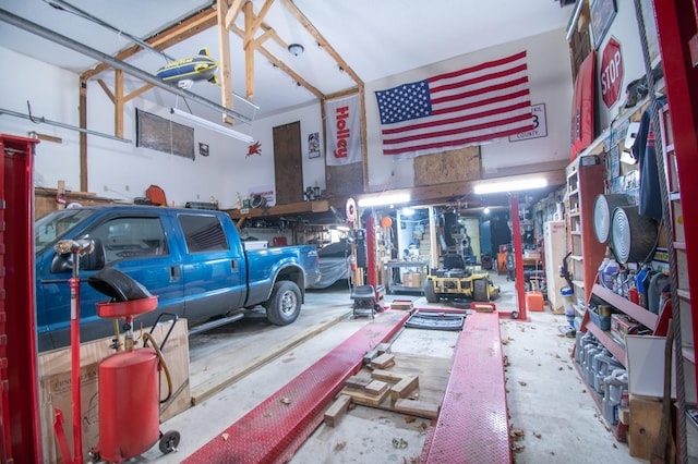 garage with a workshop area