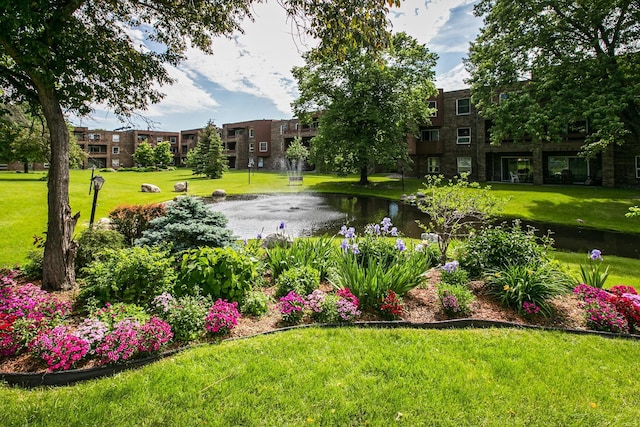 view of community featuring a lawn and a water view