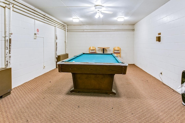 recreation room with pool table, light carpet, and ceiling fan