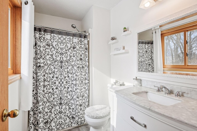 full bath featuring vanity, a shower with shower curtain, and toilet