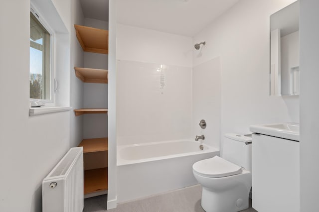 full bathroom featuring shower / tub combination, vanity, toilet, and radiator