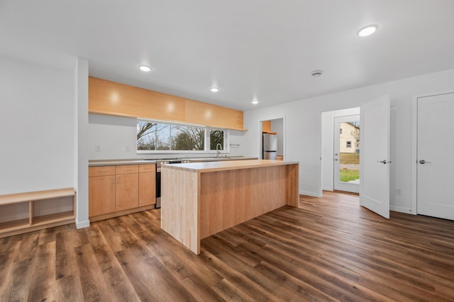 kitchen with light brown cabinetry, dark hardwood / wood-style flooring, a center island, and stainless steel appliances