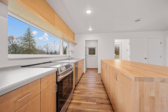 kitchen with wood counters, sink, light hardwood / wood-style floors, a kitchen island, and stainless steel appliances