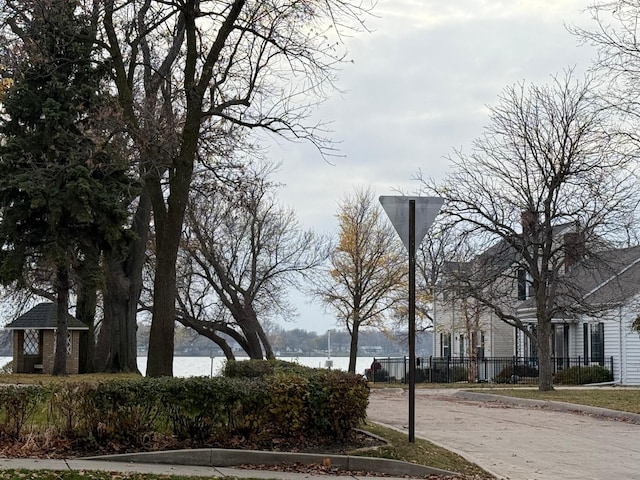 view of street featuring a water view