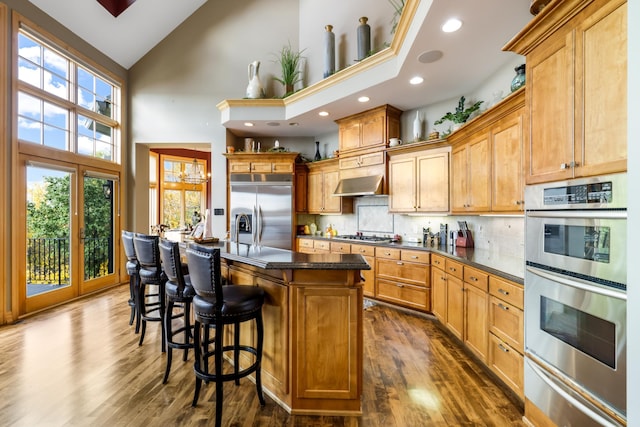 kitchen with stainless steel appliances, dark hardwood / wood-style flooring, a center island with sink, high vaulted ceiling, and exhaust hood