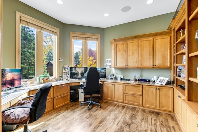 office space featuring light hardwood / wood-style flooring and built in desk