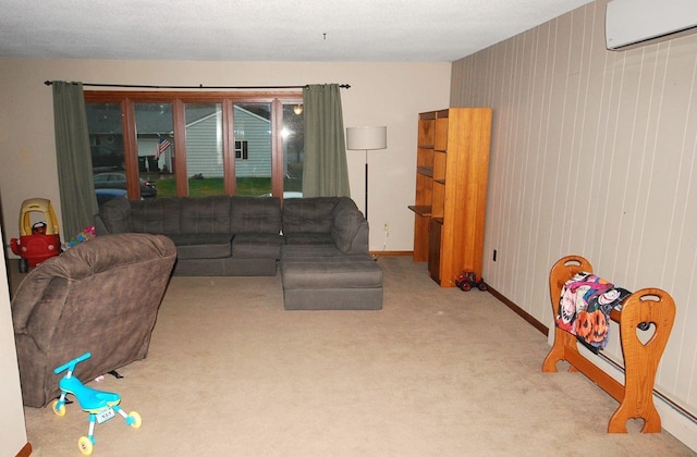 living room featuring light carpet, a wall mounted AC, and a baseboard radiator