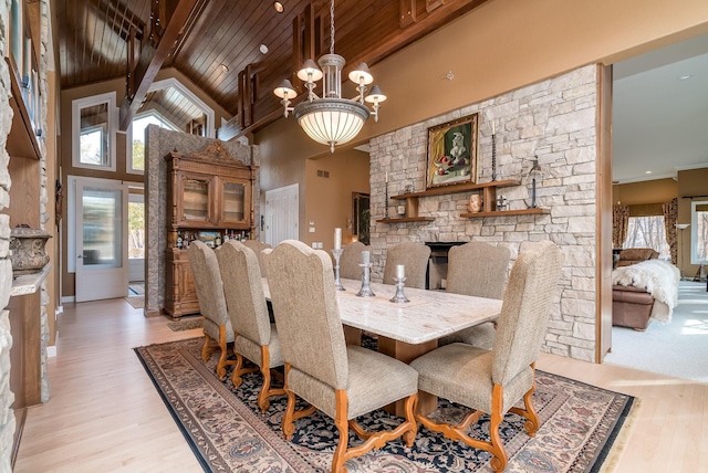 5441 Raven Point Rd, Spring Lake Twp, MN 55372 - dining room featuring healthy amount of natural light, a chandelier, high vaulted ceiling, light wood-style flooring, and wood ceiling with exposed beams
