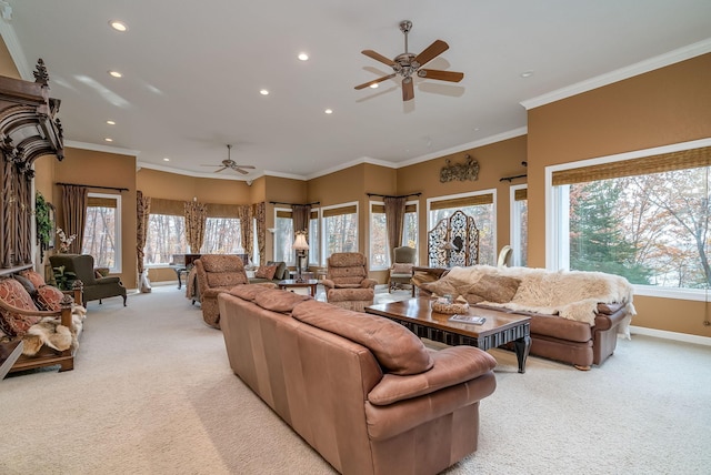 5441 Raven Point Rd, Spring Lake Twp, MN 55372 - living area with light carpet, ceiling fan, recessed lighting, baseboards, and ornamental molding