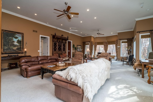 5441 Raven Point Rd, Spring Lake Twp, MN 55372 - living room featuring light colored carpet, a ceiling fan, recessed lighting, and crown molding