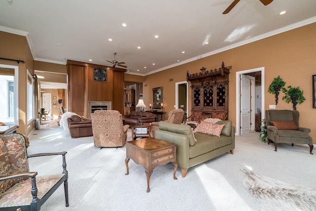 5441 Raven Point Rd, Spring Lake Twp, MN 55372 - living area featuring ceiling fan, light carpet, recessed lighting, ornamental molding, and a fireplace