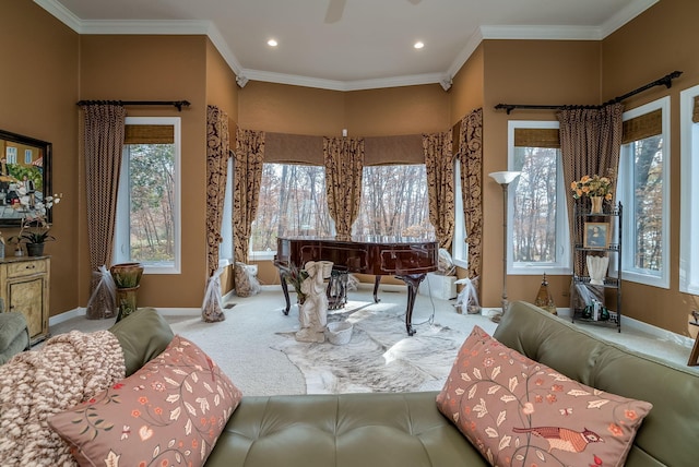 5441 Raven Point Rd, Spring Lake Twp, MN 55372 - carpeted home office with crown molding, baseboards, recessed lighting, and ceiling fan
