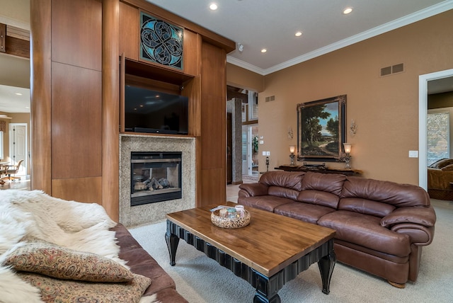 5441 Raven Point Rd, Spring Lake Twp, MN 55372 - living area featuring carpet floors, crown molding, recessed lighting, and a glass covered fireplace